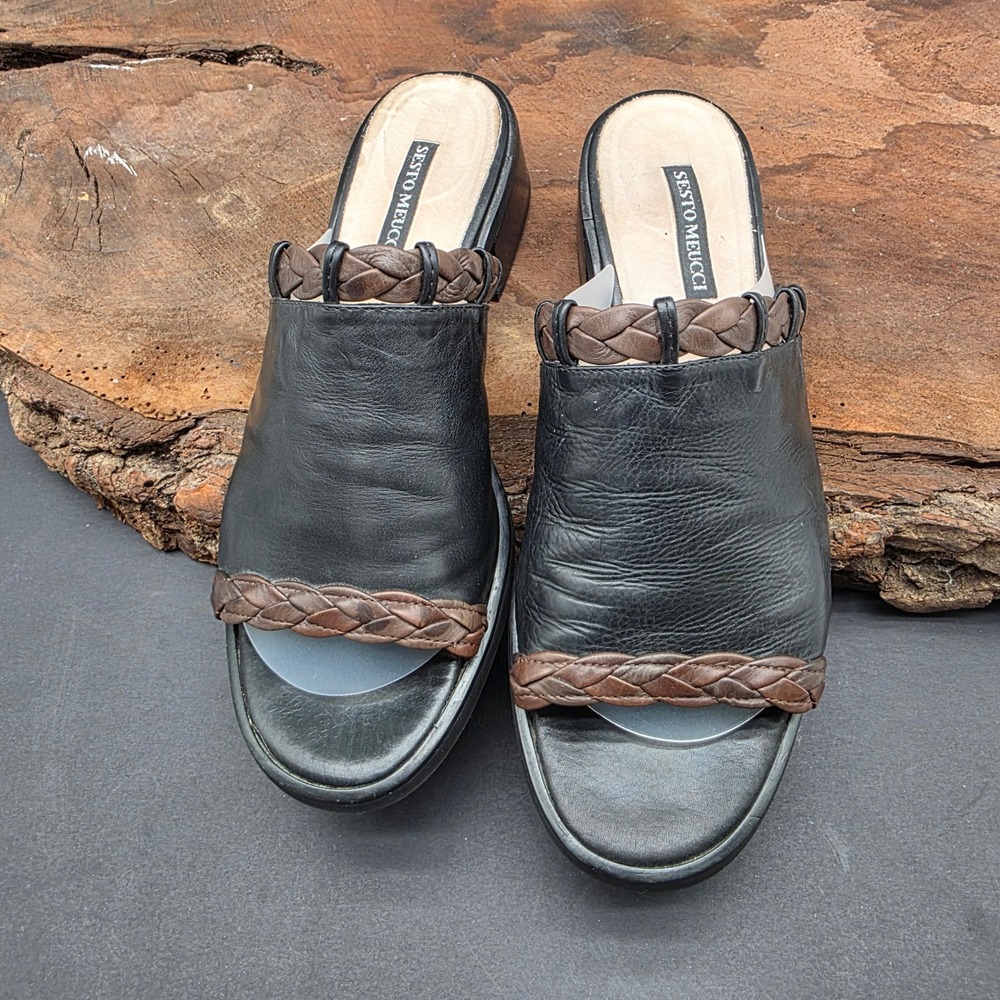 Quiet Resort Meucci Slide Sandals W 9.5 Blk Brn Braided Leather Made in Italy